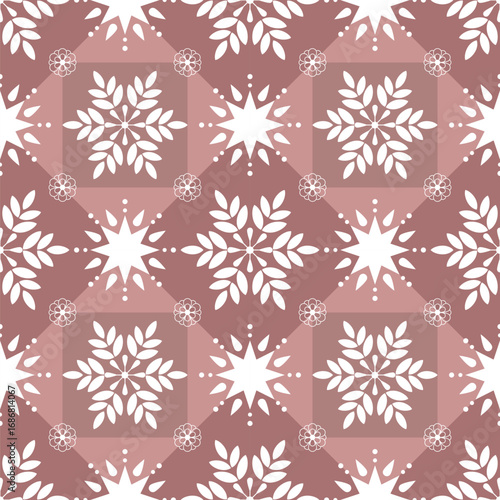 Seamless decorative pattern with white floral leafy and starburst motifs on a reddish brown background