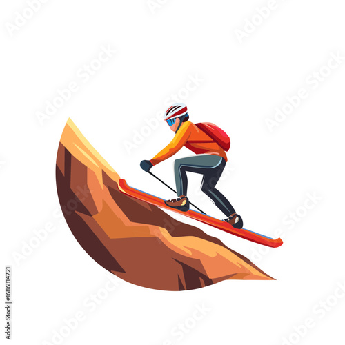 Skier Descending Mountain Slopes Wearing a Helmet and Backpack in Isolated Vector Graphic Style