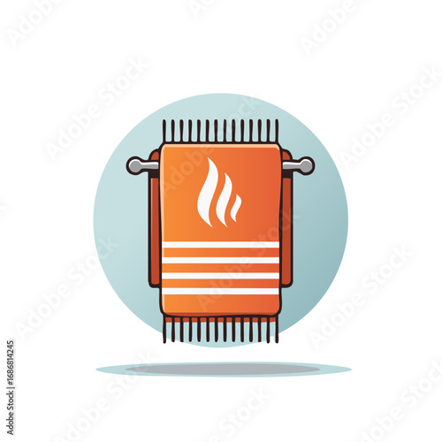 Orange Towel on a Rack with Flame Design and Stripes Bathroom Decor Illustration