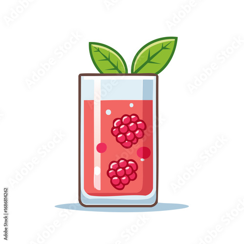 Refreshing raspberry drink illustration featuring vibrant red liquid and two green leaves for a healthy beverage concept