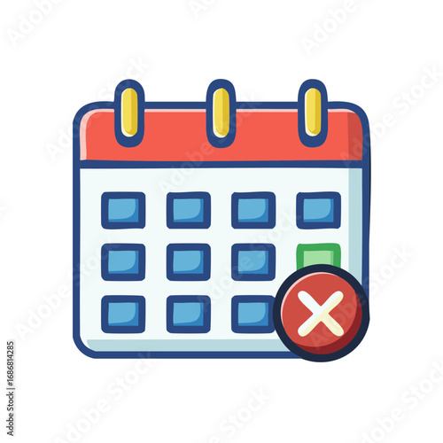 Illustration of a calendar with an X mark, denoting cancellation, no availability and rescheduling events or appointments.