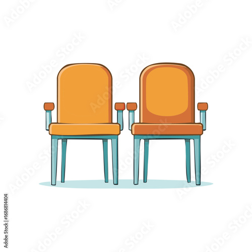 Illustration of two orange chairs, front view with blue legs and armrests.