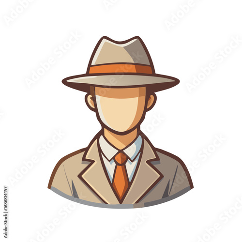 Stylized detective wearing a fedora and trench coat with an orange tie, representing mystery and espionage