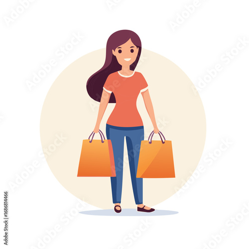 Cartoon Woman Smiling and Holding Shopping Bags, Ready to Shop and Spend Money