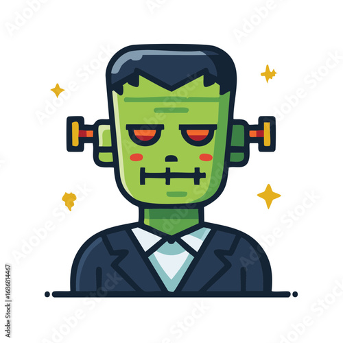 Adorable cartoon green monster character with neck bolts wearing a suit for festive spooky celebrations