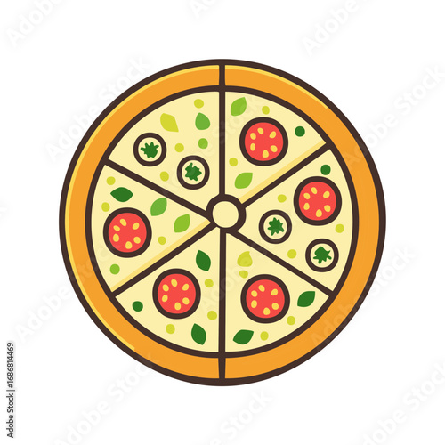 Flat design delicious whole pizza with classic toppings sliced into six portions top view