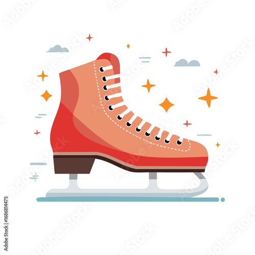 Red figure skate illustration on ice with sparkling stars for winter sports and recreation