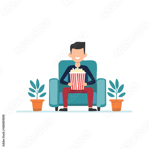 Young man sitting in a cozy armchair eating popcorn and watching a movie at home vector illustration