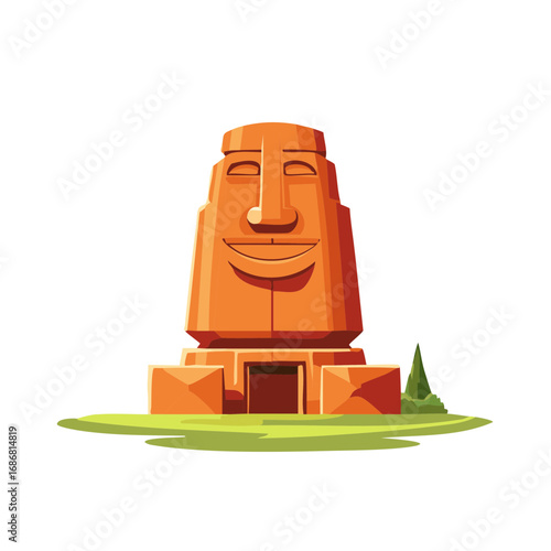 Stylized Cartoon Stone Idol Sculpture with Smiling Face and Ancient Pedestal