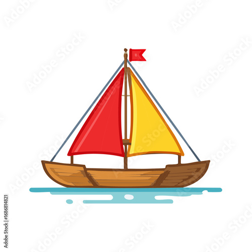 Vibrant illustrated sailboat with red and yellow sails and a red flag on calm blue water