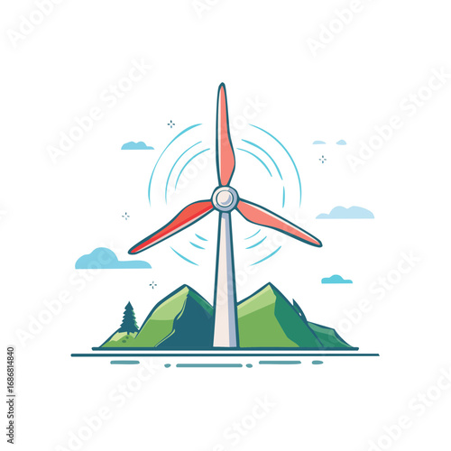 Wind turbine with red blades on green mountains generating clean renewable energy illustration