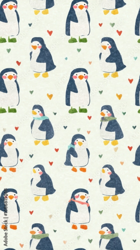 Obraz premium baby penguin with heart Cute Cartoon Penguin Pattern with Hearts and Scarf Accessories on Soft Textured Background a baby penguin giving a heart ิblur background, blur tiles wallpaper