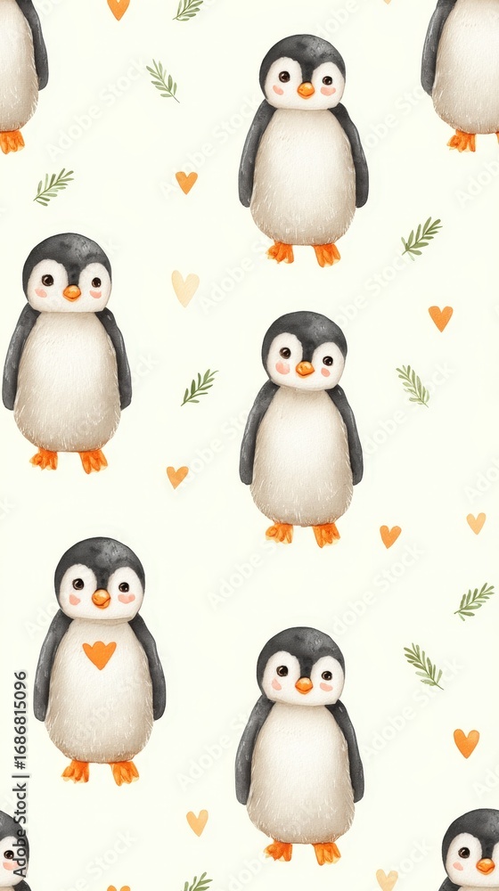 Naklejka premium baby penguin with heart Cute Plush Penguin Toys with Orange Beak and Feet, Surrounded by Heart and Leaf Patterns on White Background a baby penguin giving a heart, blur tiles wallpaper