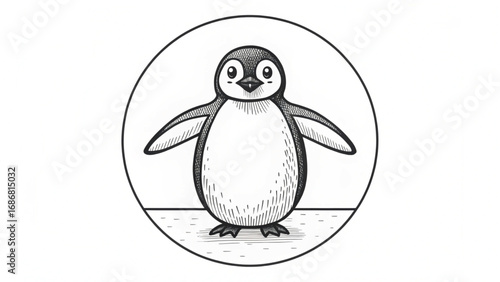 Cute Penguin Drawing in Circle animal bird