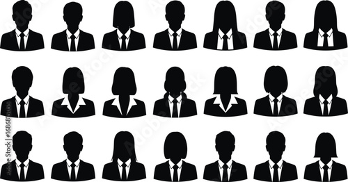 Business professional silhouette icons set of men and women in formal attire for corporate, teamwork, diversity, and organizational concepts