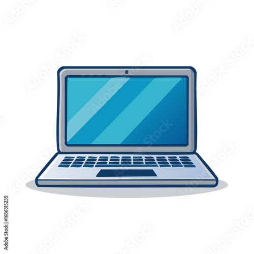 Stylized open laptop with a blue screen and a keyboard viewed from the front