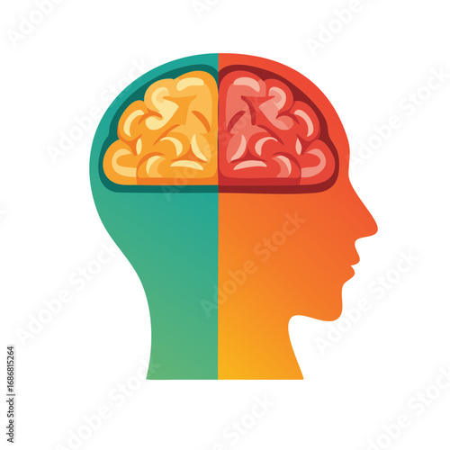 Abstract colorful human head profile showing a divided brain representing mind thought and cognitive processes