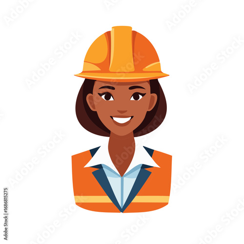 Smiling female construction worker wearing orange hard hat and safety vest