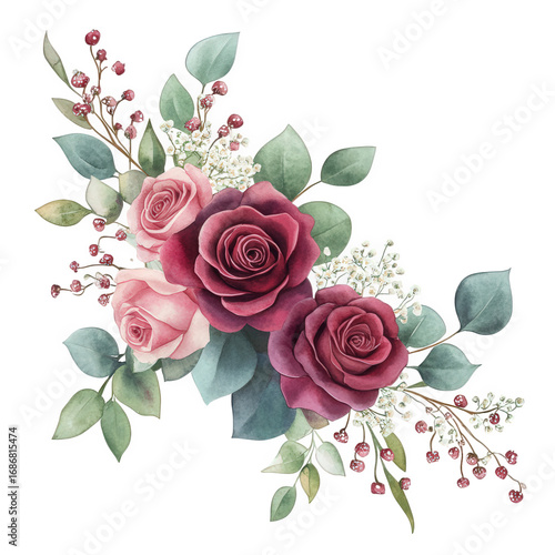 Watercolor floral arrangement of roses, leaves and berries isolated on transparent background