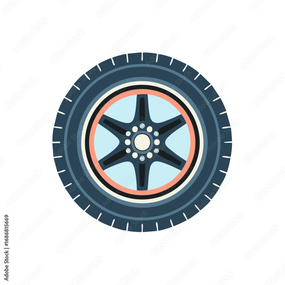 Fototapeta premium Vector illustration of a car wheel, tire and rim with star pattern