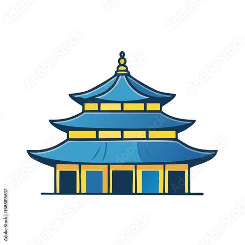 Blue Chinese Pagoda Cartoon Building With Gold Accents Isolated Illustration