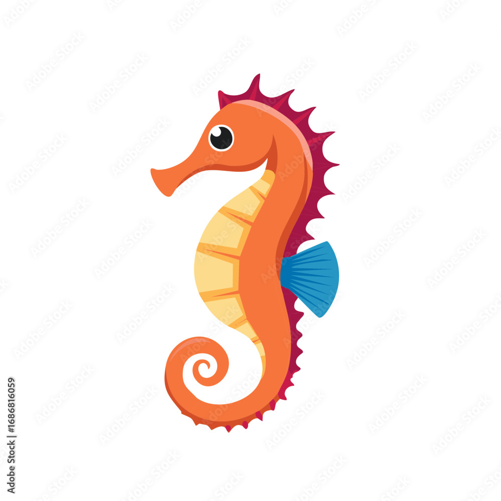 Naklejka premium Cartoon seahorse illustration, orange and yellow ocean animal with curly tail and blue fin.