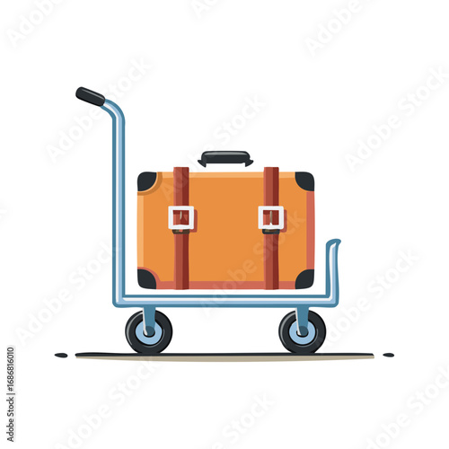 Orange vintage suitcase on a metal luggage trolley with wheels