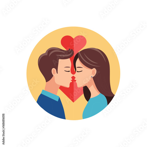 Man and Woman Kissing With Heart Icon. Loving Couple Vector Illustration.
