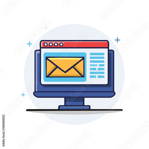 Desktop computer screen displaying an email envelope graphic and text for digital communication