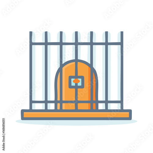 Cartoon jail cell with prison bars and an orange door vector doodle icon