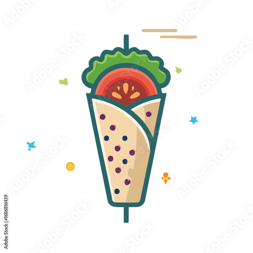 Doner Kebab Wrap with Salad and Tomato Slice Flat Design Style