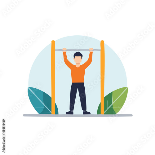 Person on pull up bar doing workout illustration, fitness activity and health
