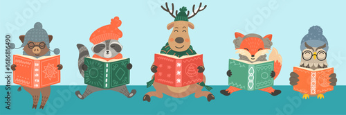 Animals in winter read books. Kids' library concept. Storytime.