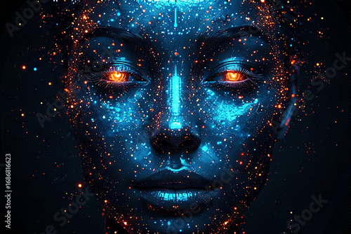 Wallpaper Mural cosmic blue female face with glowing orange eyes with neon particles, psychedelic cover illustration Torontodigital.ca