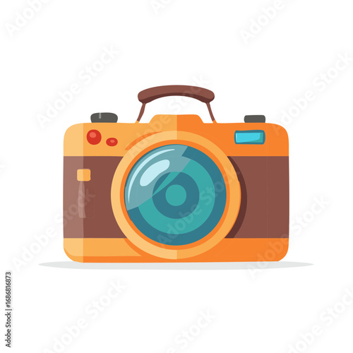 Stylized vintage camera illustration with lens and flash bulb depicting photography
