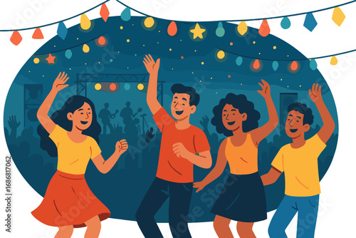 During a vibrant summer evening beneath bright lights, people dance joyfully together at an outdoor concert party