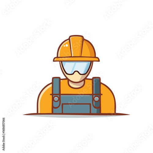 Cartoon illustration of construction worker wearing hard hat and protective eyewear isolated on white background depicting safety and industrial occupation