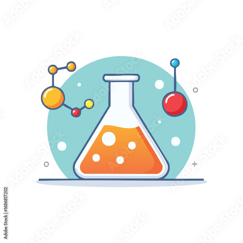 Cartoon science flask with molecules and atomic structure illustration