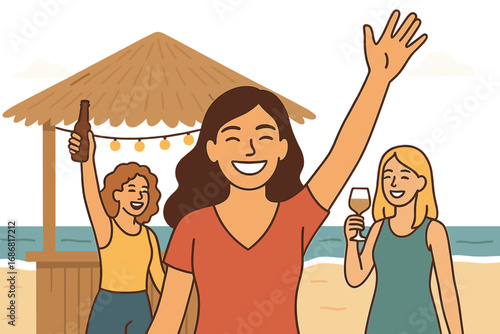 Brunette woman with a toothy grin is the focal point as young women celebrate at a beach chiringuito