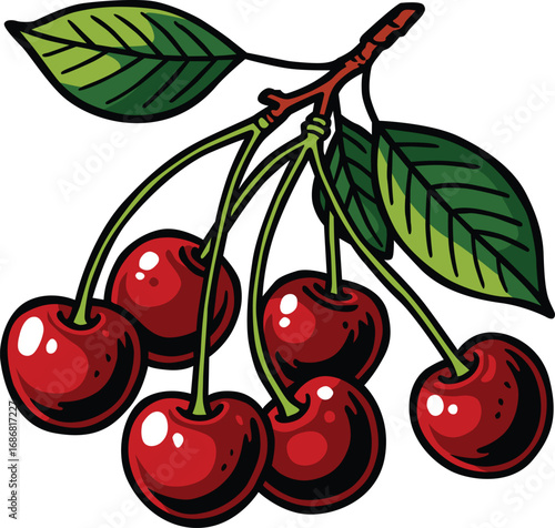 Editable EPS of fresh red cherries on a branch with green leaves, symbolizing sweetness, freshness, and natural fruit. Perfect for food, farming, summer, healthy lifestyle, and organic concepts.