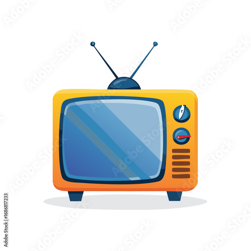 Retro television with antenna, display screen, volume dial, and channel selector in orange