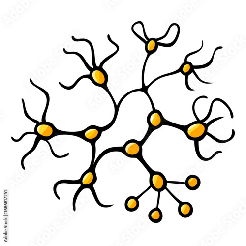 Minimilist illustration of a stylized neuron with black lines and golden yellow cell bodies on a white background vector