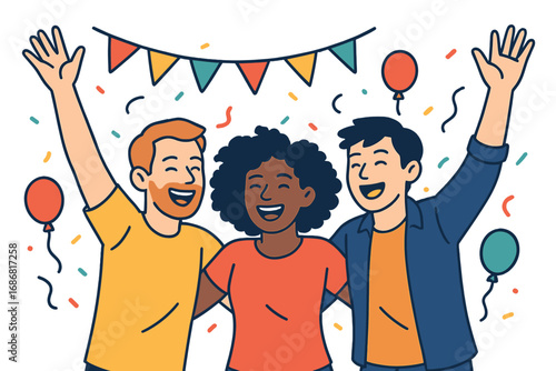 Three cheerful friends are photographed in a lively moment at a party, highlighting their happiness and togetherness as they relish the festive ambiance