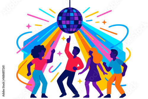 A lively dance party with a disco ball and vivid neon lights is in full swing