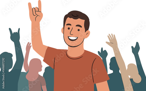 Portrait of a smiling man gesturing as he enjoys a concert with friends