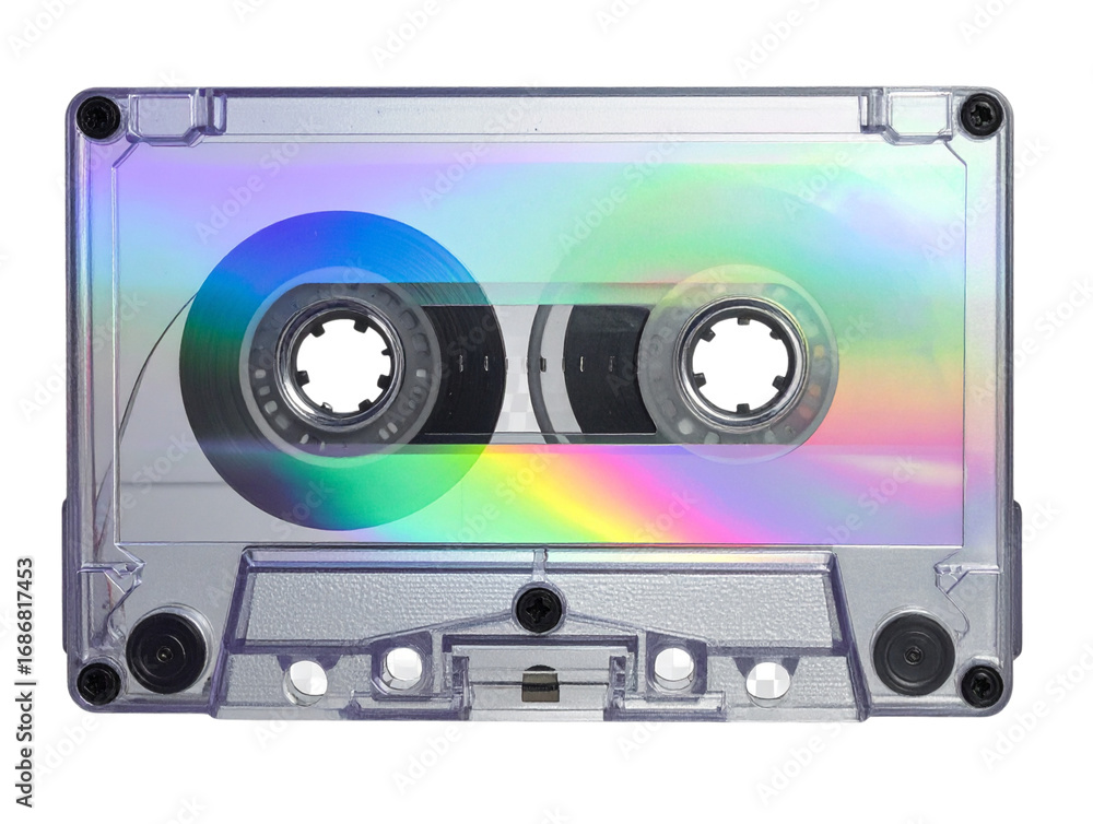 Fototapeta premium Retro Iridescent Cassette Tape in Angled 3D View, Isolated PNG