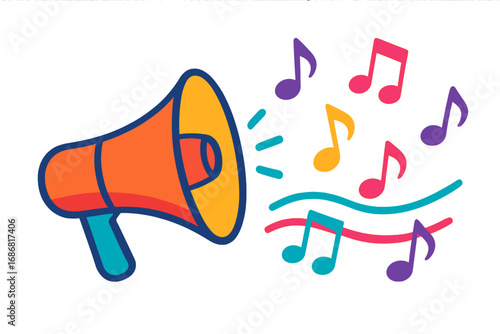 A colorful illustrated loudspeaker with music notes – a musical design