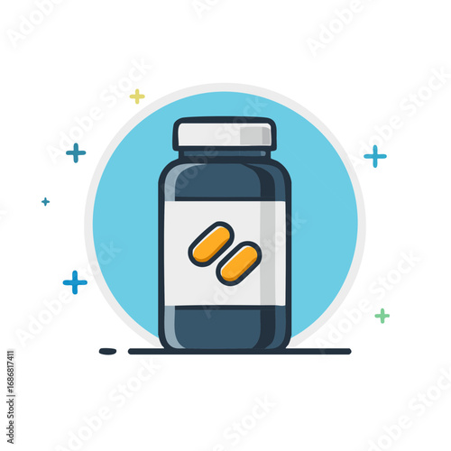 Health supplement bottle with orange capsules for vitamins or medication graphic icon