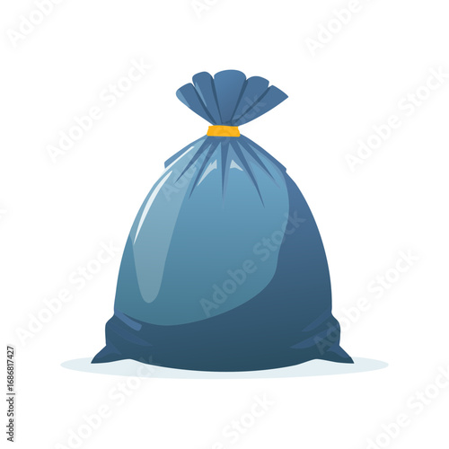 Isolated Large Blue Trash Bag Tied with an Orange Strap in a Cartoon Style
