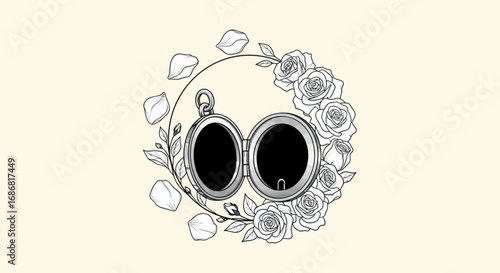 Hand drawn sketch of a romantic open locket with roses.